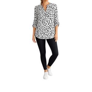 Tahari XL Black White Animal Print Blouse Ruched Sleeve Career Top